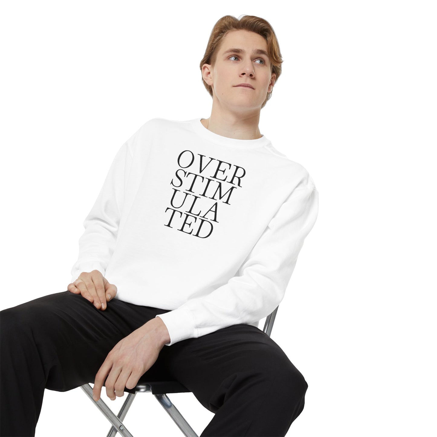 Oversimulated Text Sweatshirt — Minimalist Typographic Crewneck