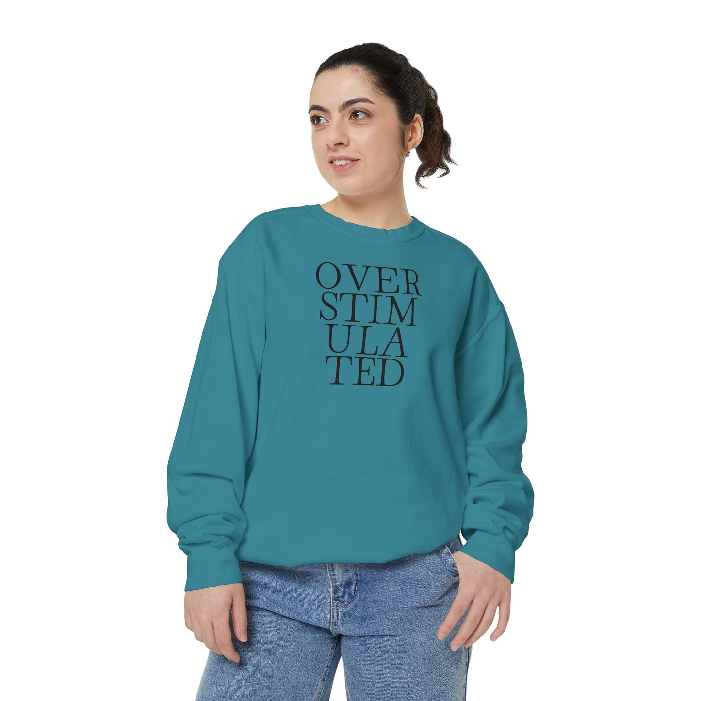 Oversimulated Text Sweatshirt — Minimalist Typographic Crewneck