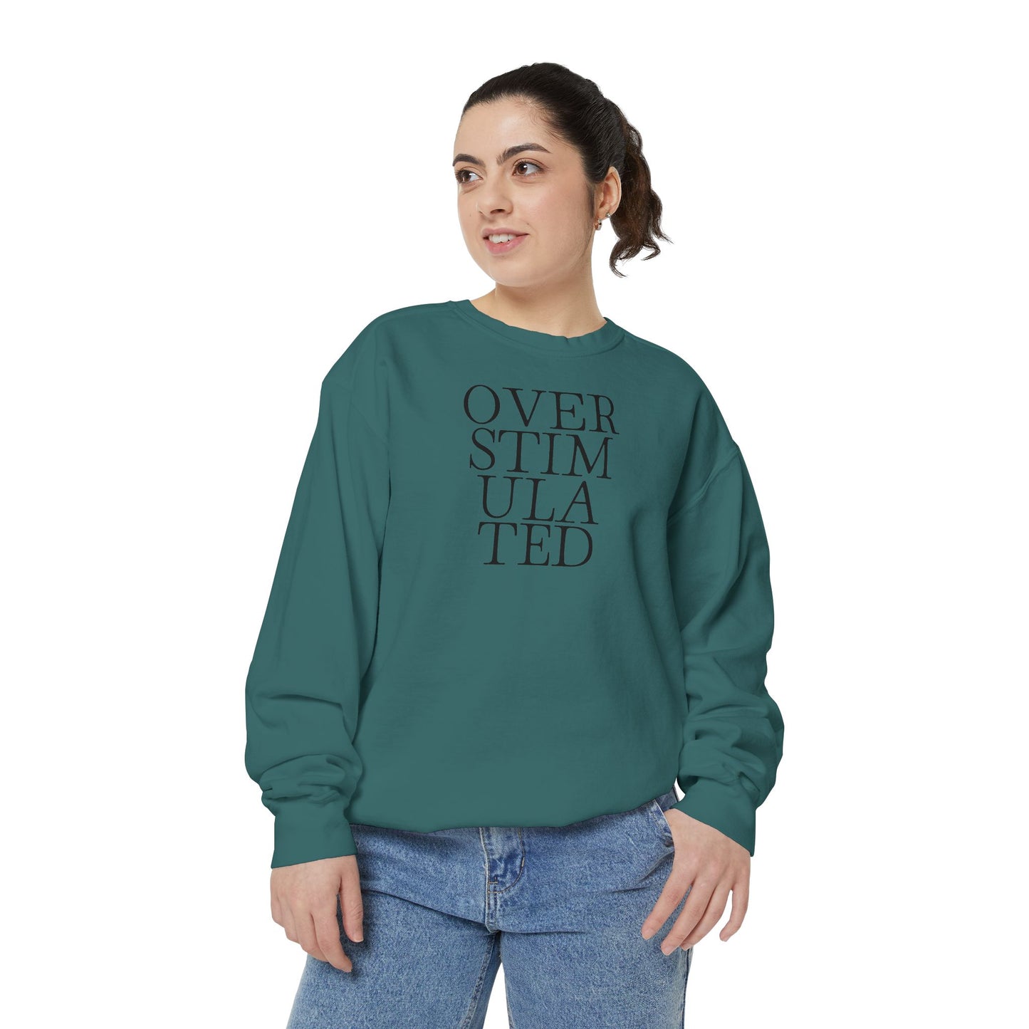 Oversimulated Text Sweatshirt — Minimalist Typographic Crewneck