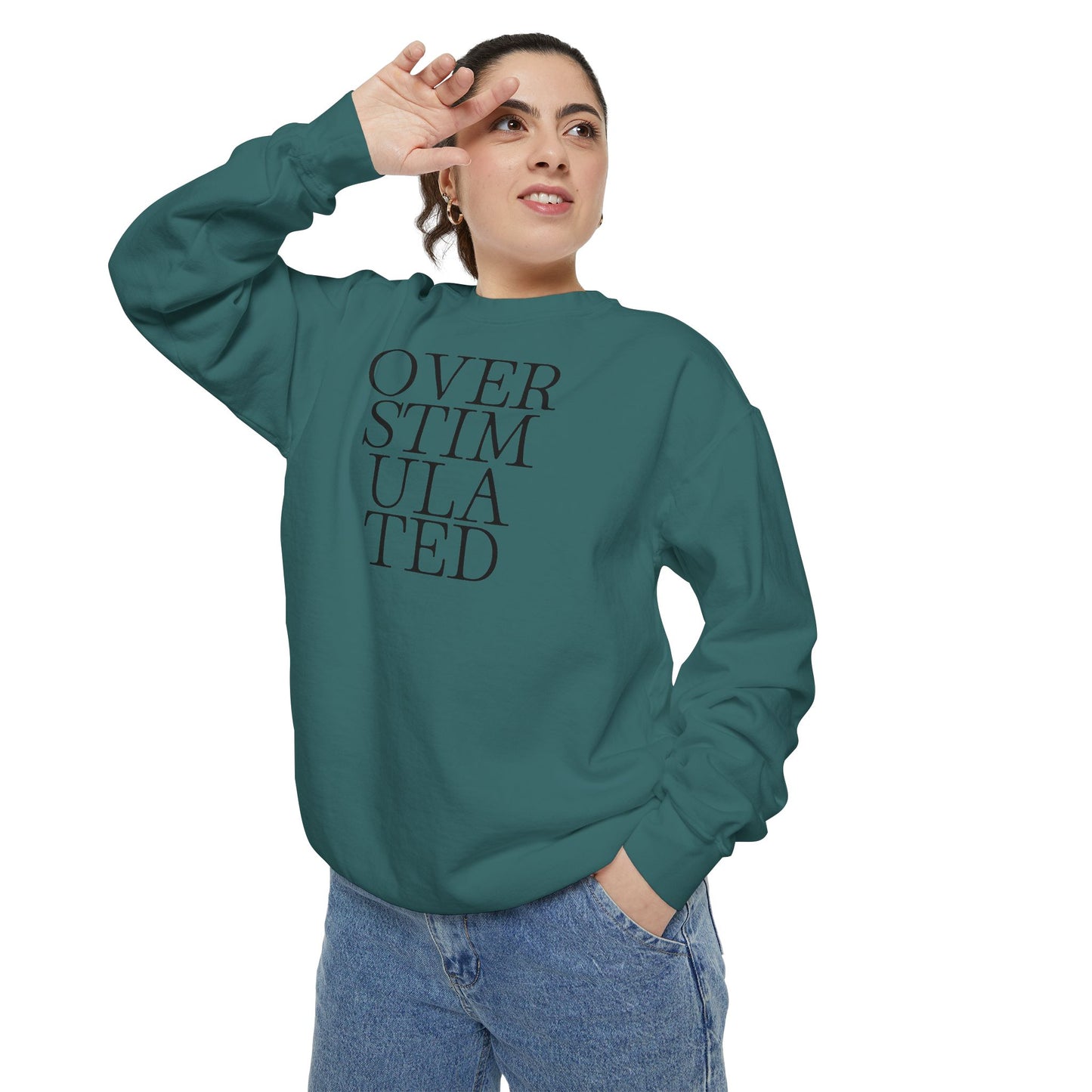 Oversimulated Text Sweatshirt — Minimalist Typographic Crewneck