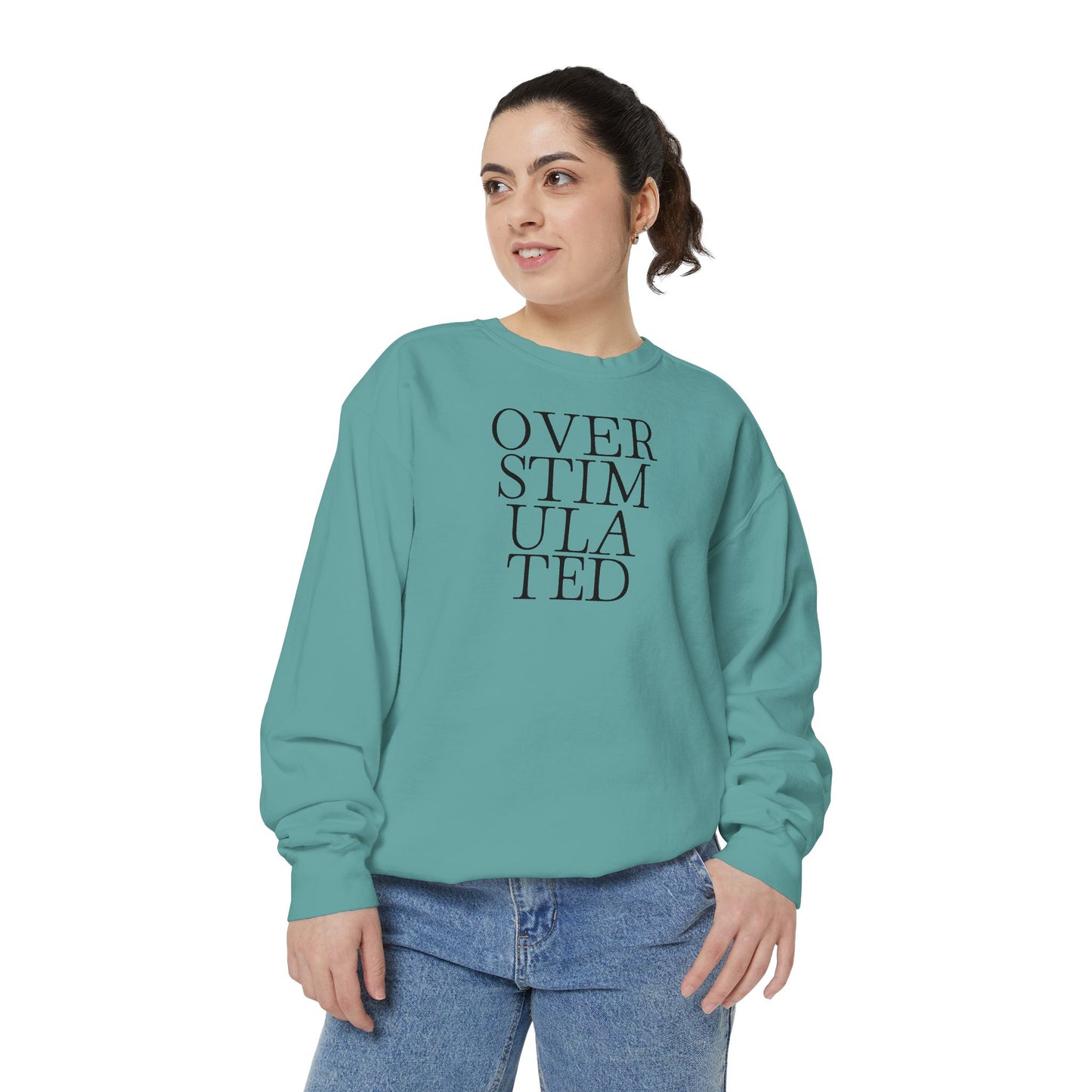 Oversimulated Text Sweatshirt — Minimalist Typographic Crewneck