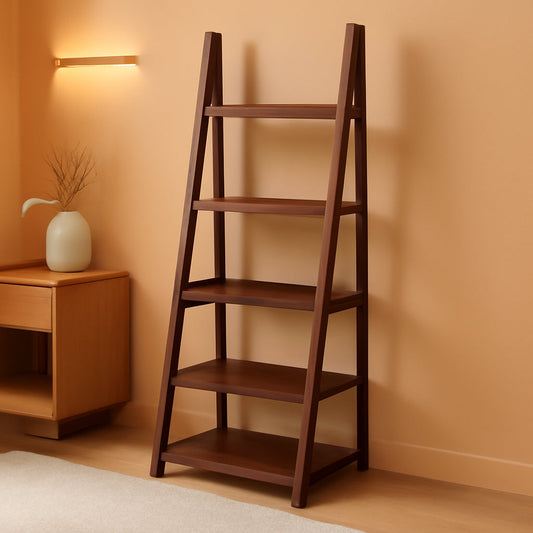 5 Tier Walnut Rubberwood Ladder Bookshelf Organizer-0